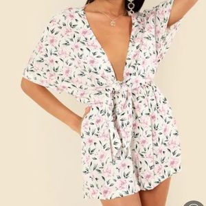 White Pink Floral Romper Tie Front Low Cut Medium